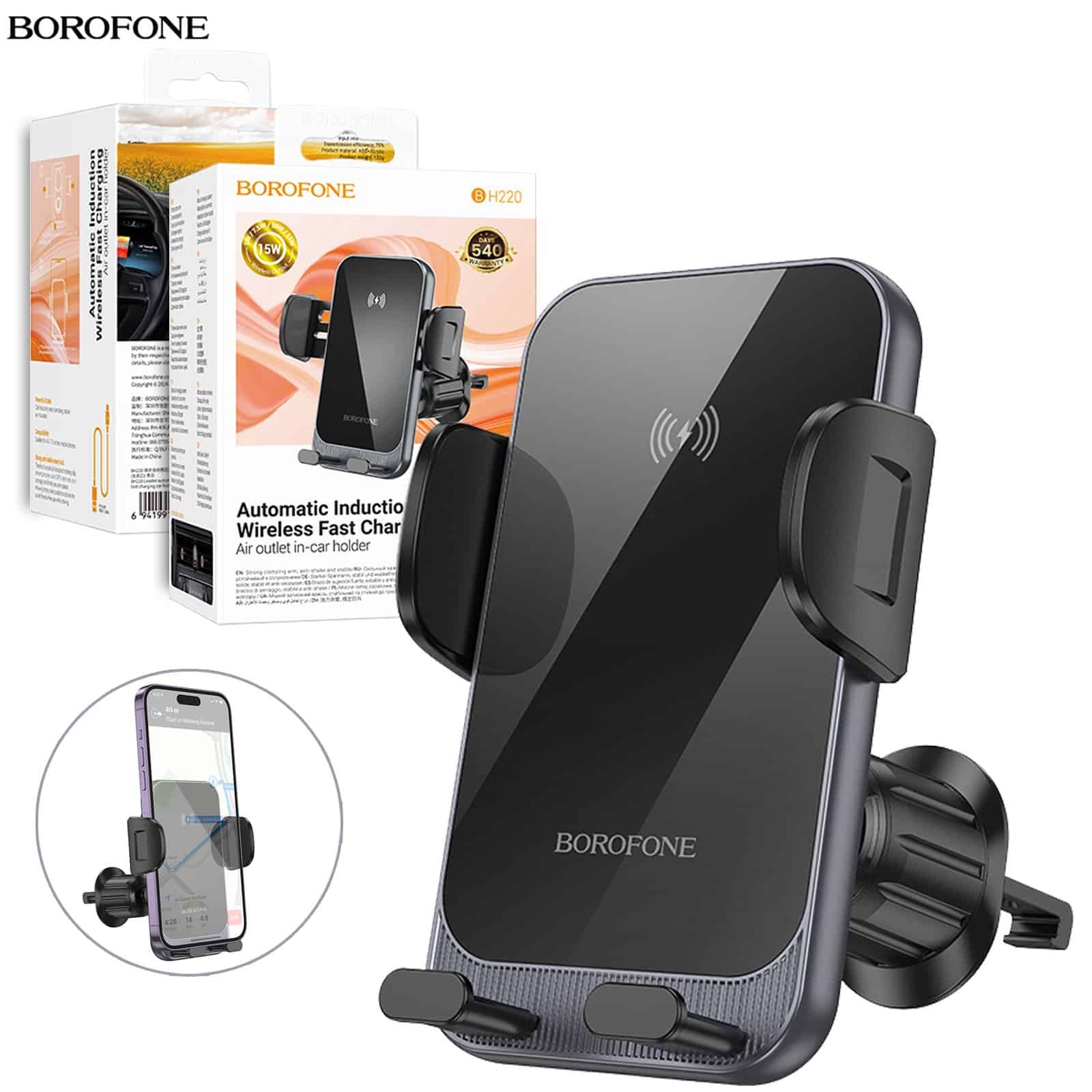 Borofone BH220 15W Automatic Induction Wireless Fast Charging Air Vent Car Mount Phone Holder Borofone BH220 15W Automatic Induction Wireless Fast Charging Air Vent Car Mount Phone Holder